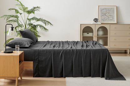 Brosa Washed Linen Cotton Bed Sheet Set (Charcoal, Queen)
