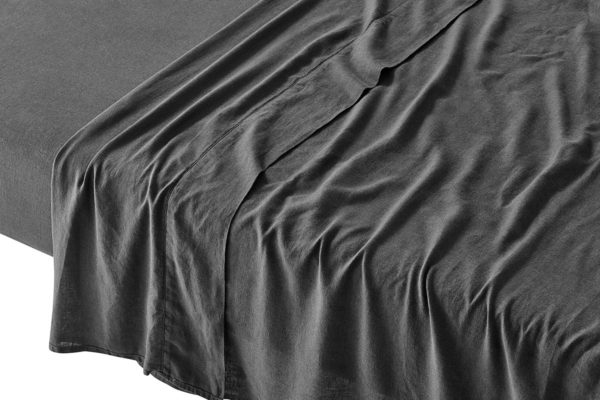 Brosa Washed Linen Cotton Bed Sheet Set (Charcoal, Queen)
