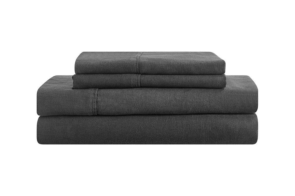 Brosa Washed Linen Cotton Bed Sheet Set (Charcoal, King)