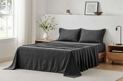 Brosa Washed Linen Cotton Bed Sheet Set (Charcoal, Double)