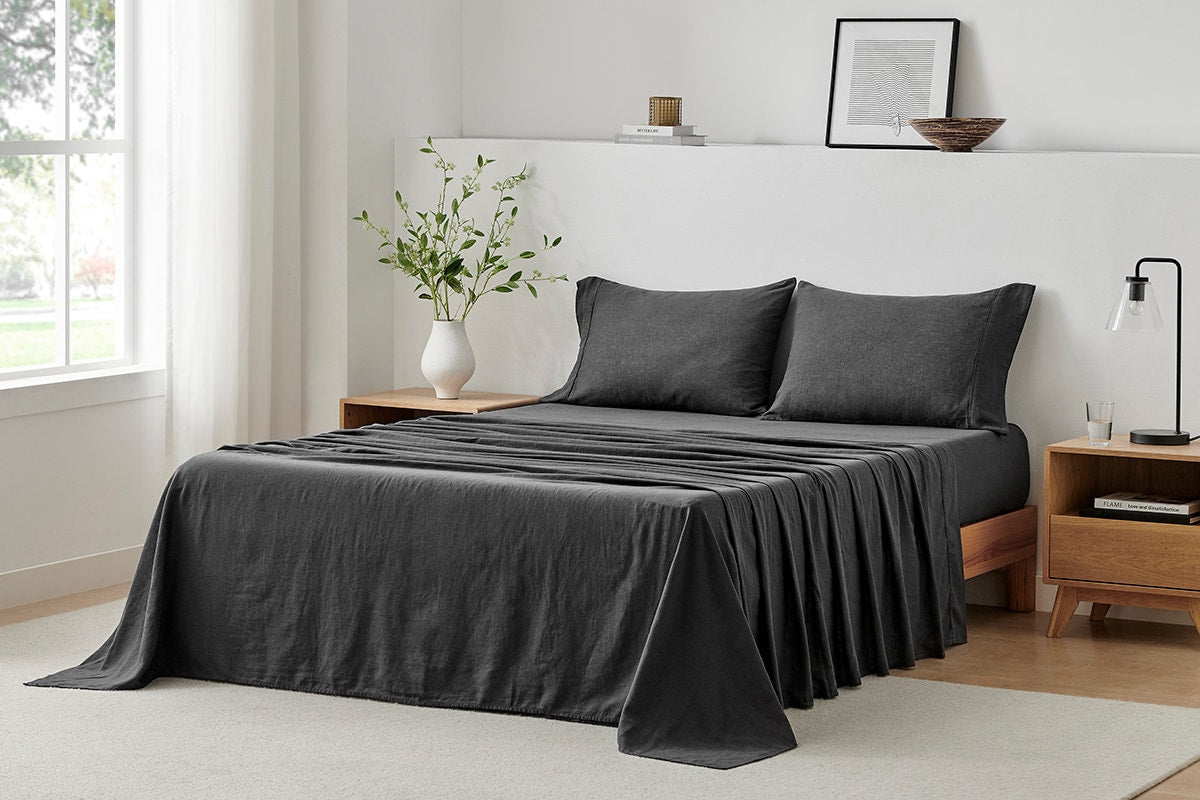 Brosa Washed Linen Cotton Bed Sheet Set (Charcoal, King)