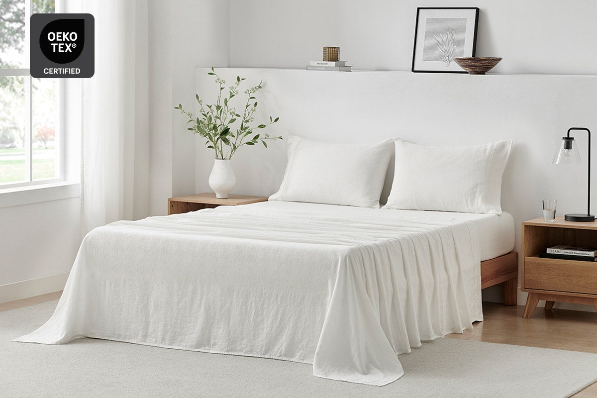 Brosa Washed Linen Cotton Bed Sheet Set (White, Queen)