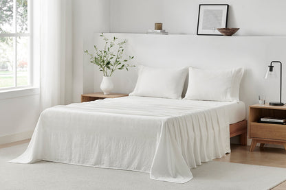 Brosa Washed Linen Cotton Bed Sheet Set (White, Double)