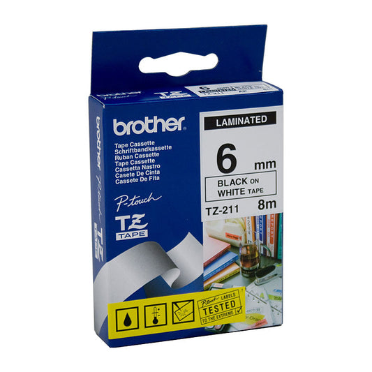 BROTHER TZe211 Labelling Tape 6mm Black on White TZE Tape | Auzzi Store