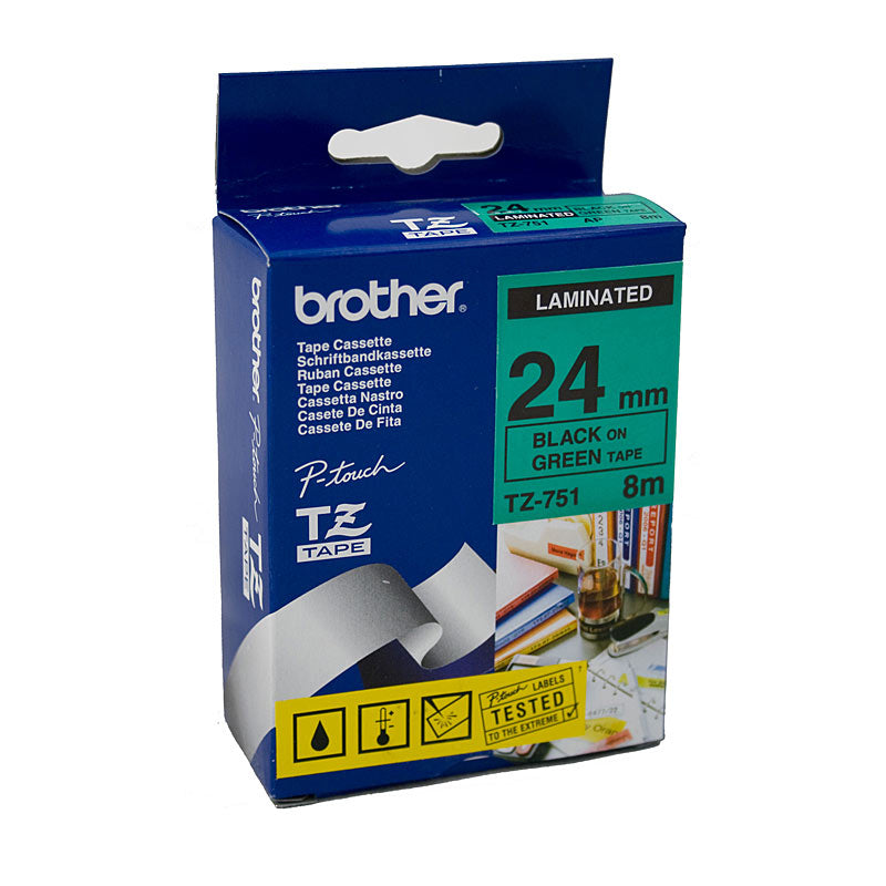 BROTHER TZe751 Labelling Tape 24mm Black on Green TZE Tape | Auzzi Store