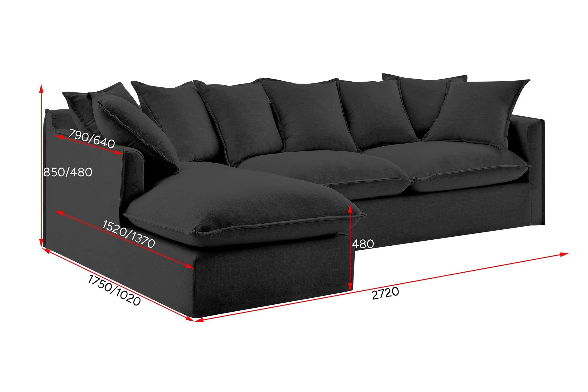 Brosa Palermo 3 Seater Modular Sofa with Left Chaise (Night Black)