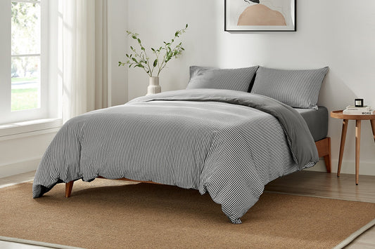 Brosa Stonewashed Cotton Reversible Striped Quilt Cover Set (Charcoal, King)