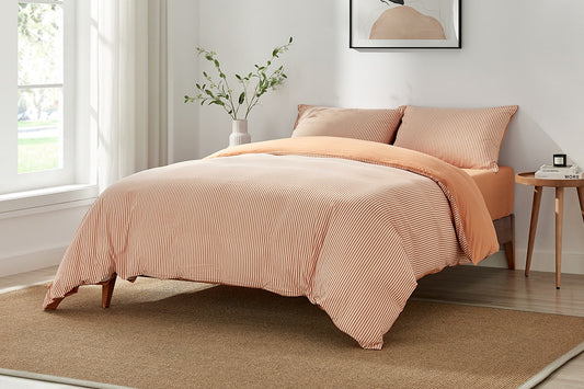 Brosa Stonewashed Cotton Reversible Striped Quilt Cover Set (Terracotta, Double)
