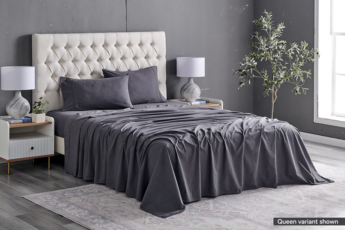 Brosa Sydney Stonewash Cotton Bed Sheet Set (Double, Castlerock Charcoal)