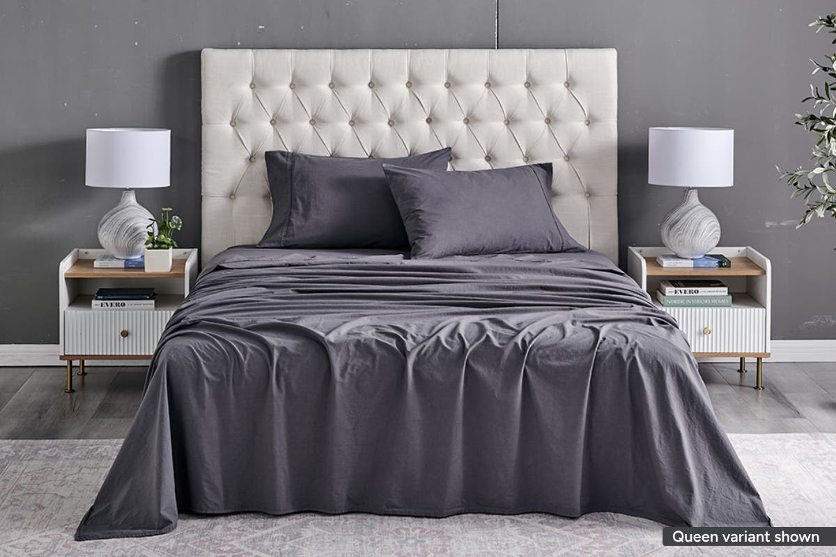 Brosa Sydney Stonewash Cotton Bed Sheet Set (Double, Castlerock Charcoal)