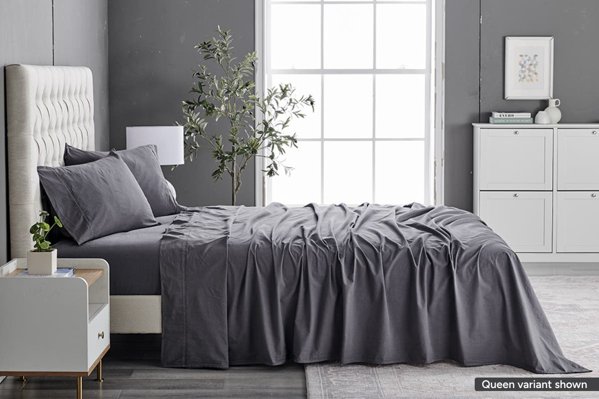 Brosa Sydney Stonewash Cotton Bed Sheet Set (Double, Castlerock Charcoal)