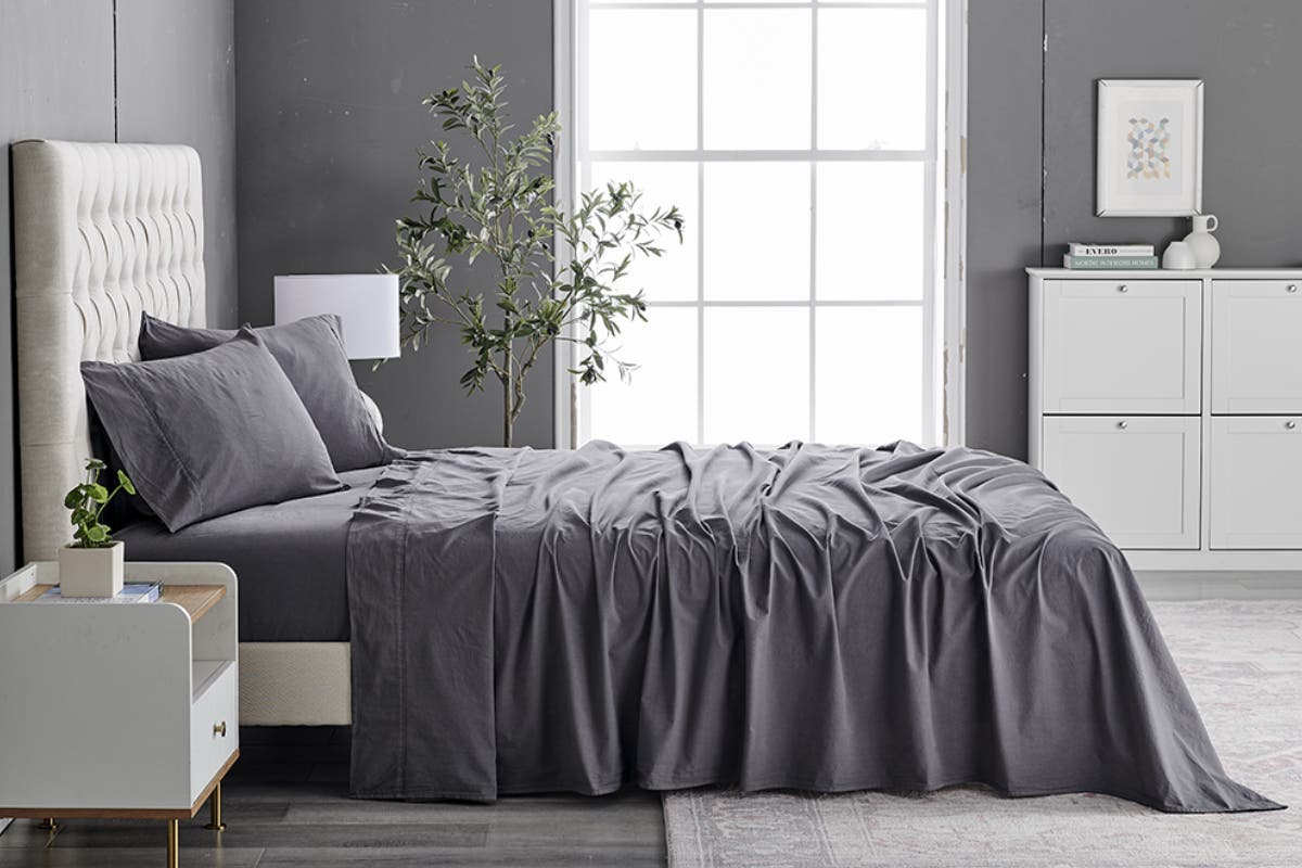 Brosa Sydney Stonewash Cotton Bed Sheet Set (Queen, Castlerock Charcoal)