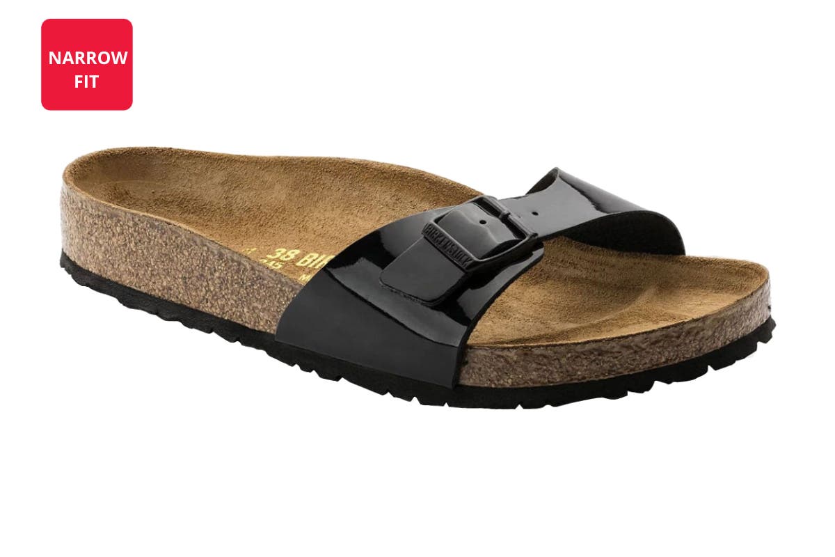 Birkenstock Unisex Madrid Birko-Flor Narrow-Fit Sandal (Black Patent) | Auzzi Store