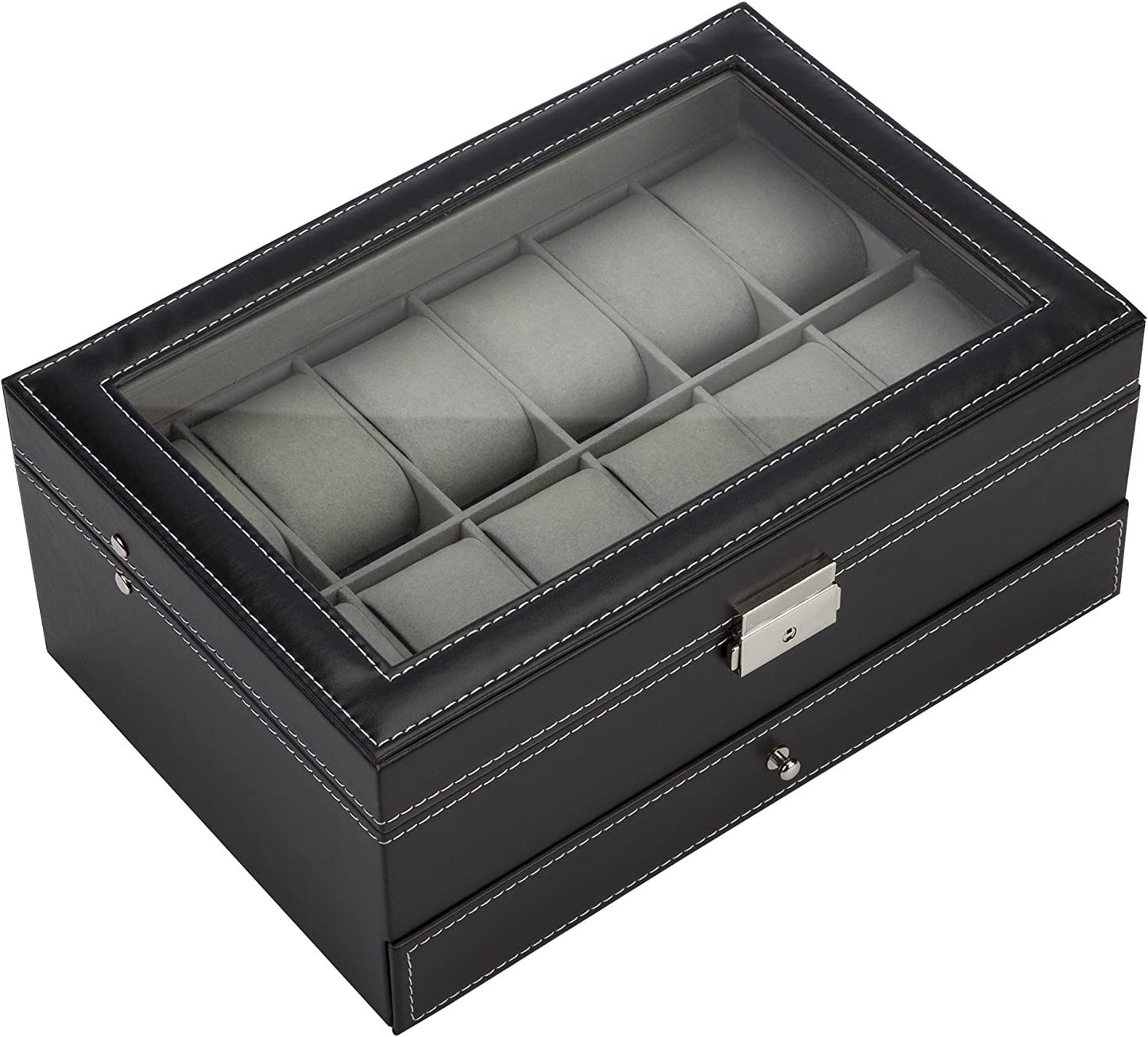 Black Leather Watch Box Jewelry Display Case with Drawers (12 Slots with 2 Layers) | Auzzi Store