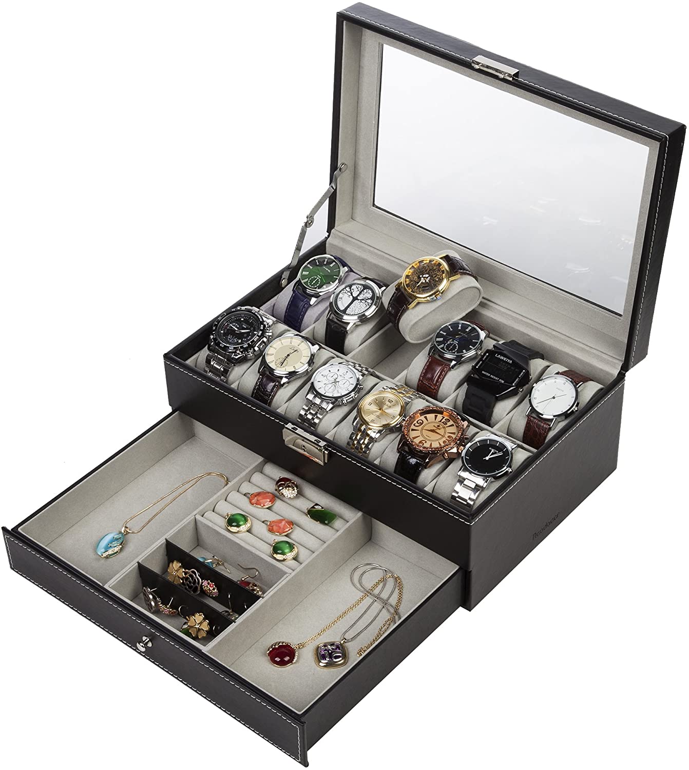 Black Leather Watch Box Jewelry Display Case with Drawers (12 Slots with 2 Layers) | Auzzi Store