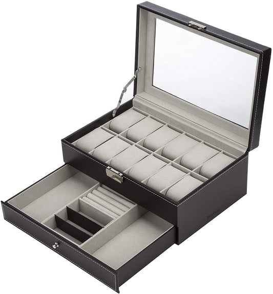Black Leather Watch Box Jewelry Display Case with Drawers (12 Slots with 2 Layers) | Auzzi Store
