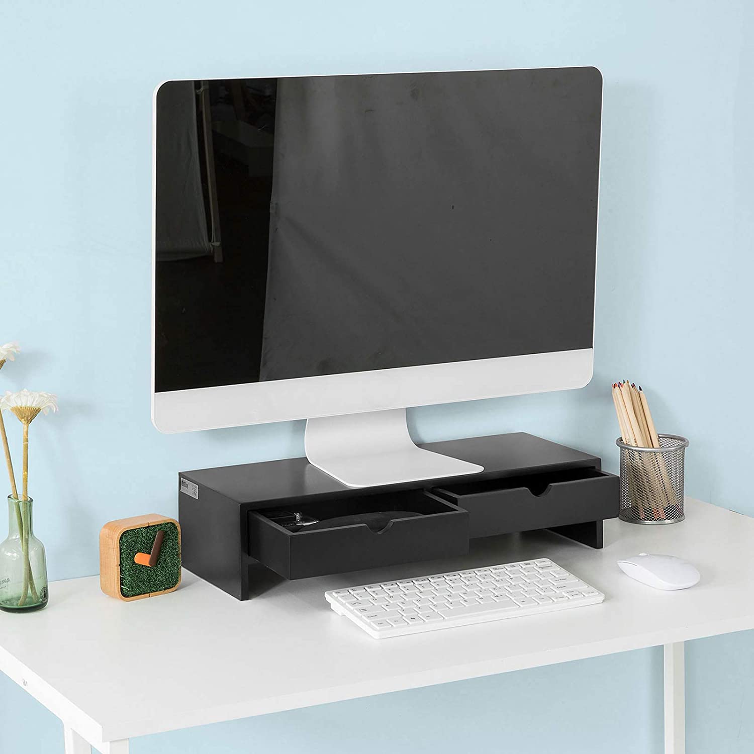 Black Monitor Stand Desk Organizer with 2 Drawers | Auzzi Store