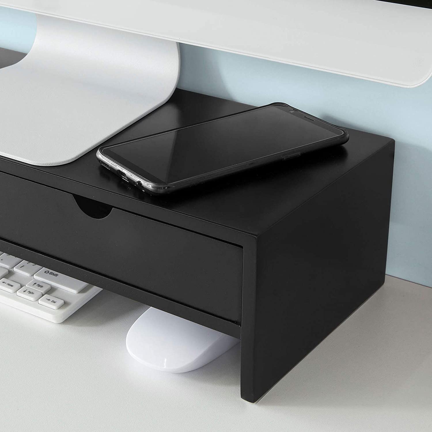 Black Monitor Stand Desk Organizer with 2 Drawers | Auzzi Store