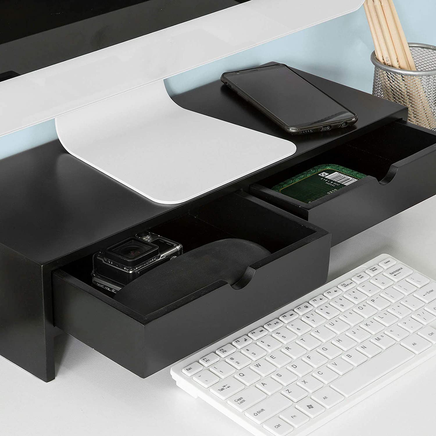 Black Monitor Stand Desk Organizer with 2 Drawers | Auzzi Store