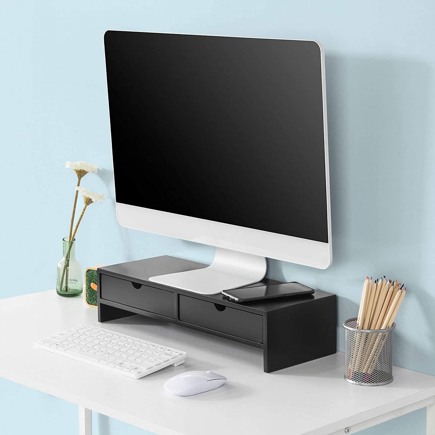 Black Monitor Stand Desk Organizer with 2 Drawers | Auzzi Store
