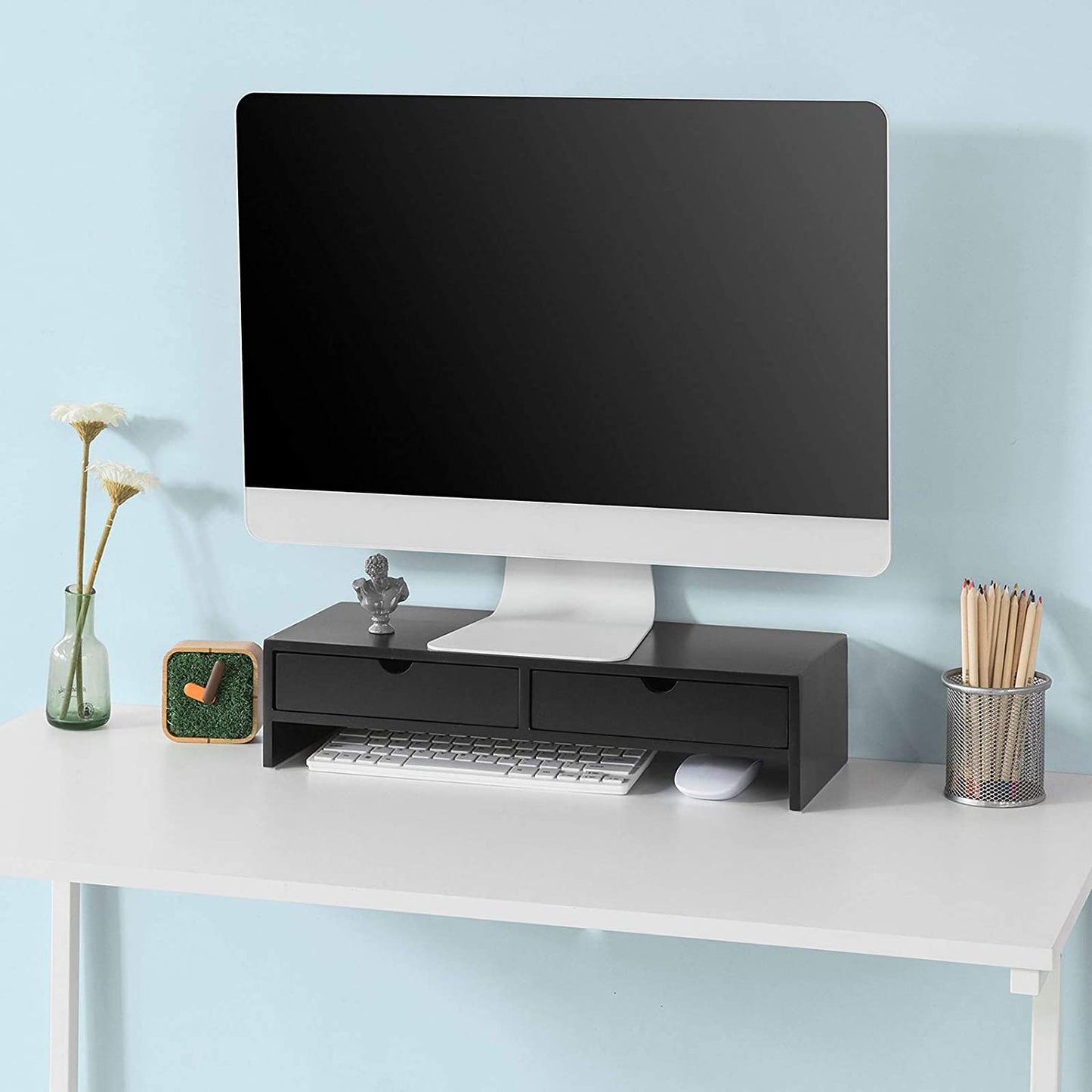 Black Monitor Stand Desk Organizer with 2 Drawers | Auzzi Store