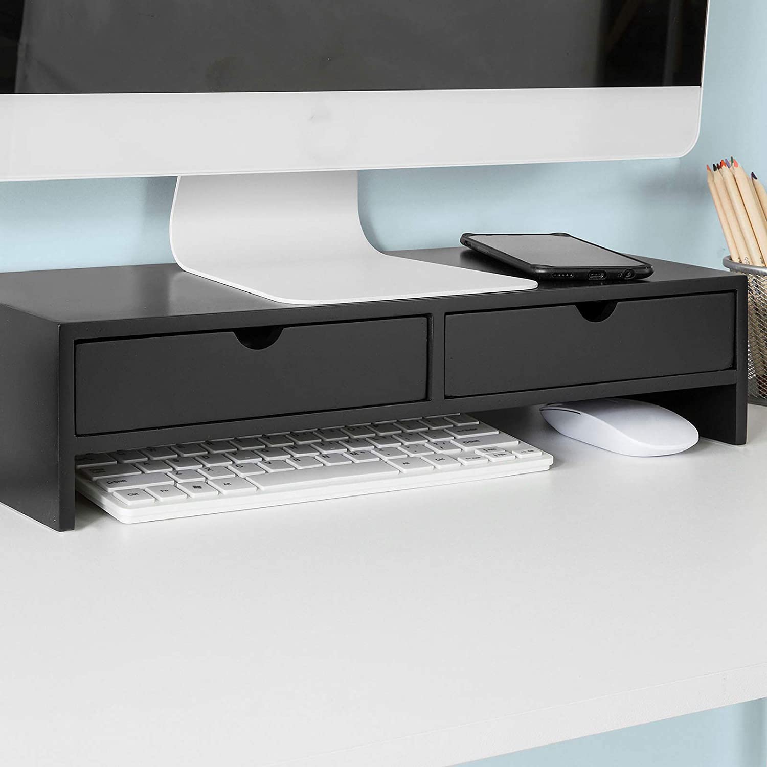 Black Monitor Stand Desk Organizer with 2 Drawers | Auzzi Store