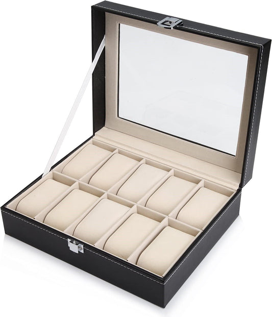Black PU Leather Watch Organizer Display Storage Box Cases for Men & Women (10 slots) | Auzzi Store