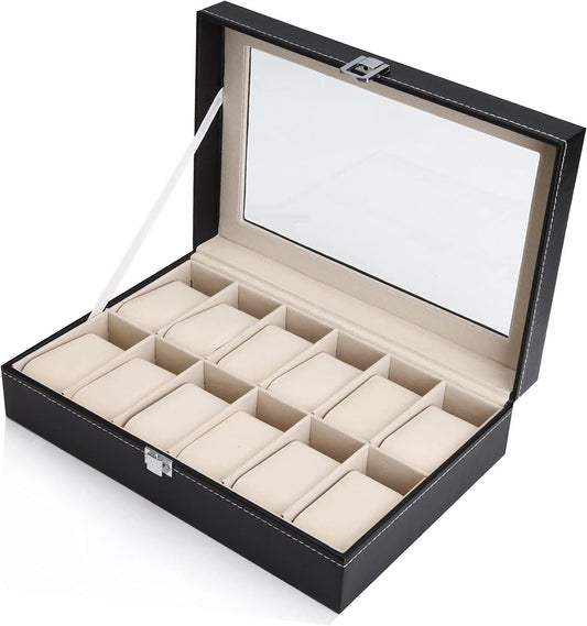 Black PU Leather Watch Organizer Display Storage Box Cases for Men & Women (12 slots) | Auzzi Store
