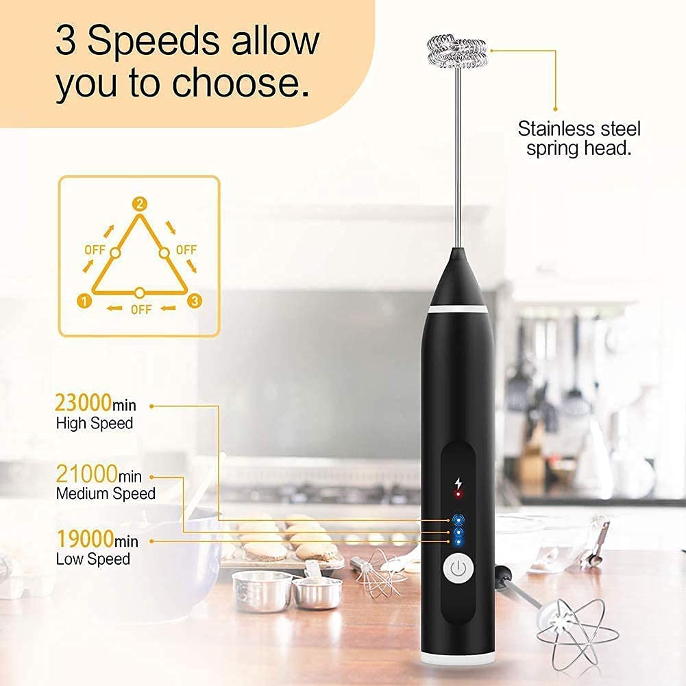 Black Rechargeable Electric Milk Frother Handheld (3 Speeds) | Auzzi Store