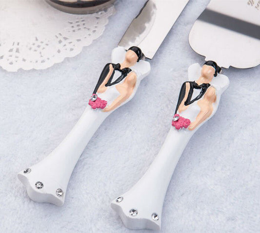Bride Groom Cake Server Set Wedding Cake Knife and Silver Blade Server Set Boxed - Bride Groom Handles | Auzzi Store