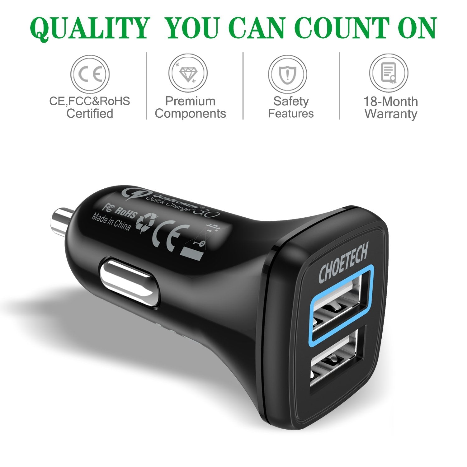 CHOETECH C0051 Quick Charge 3.0 Tech 30W Car Charger | Auzzi Store