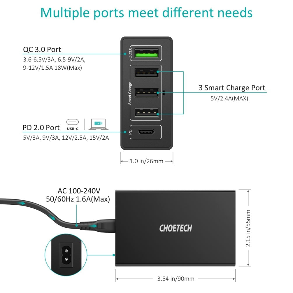 CHOETECH Q34U2Q 5-Port 60W PD Charger with 30W Power Delivery and 18W Quick Charge 3.0 | Auzzi Store