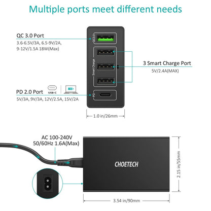 CHOETECH Q34U2Q 5-Port 60W PD Charger with 30W Power Delivery and 18W Quick Charge 3.0 | Auzzi Store