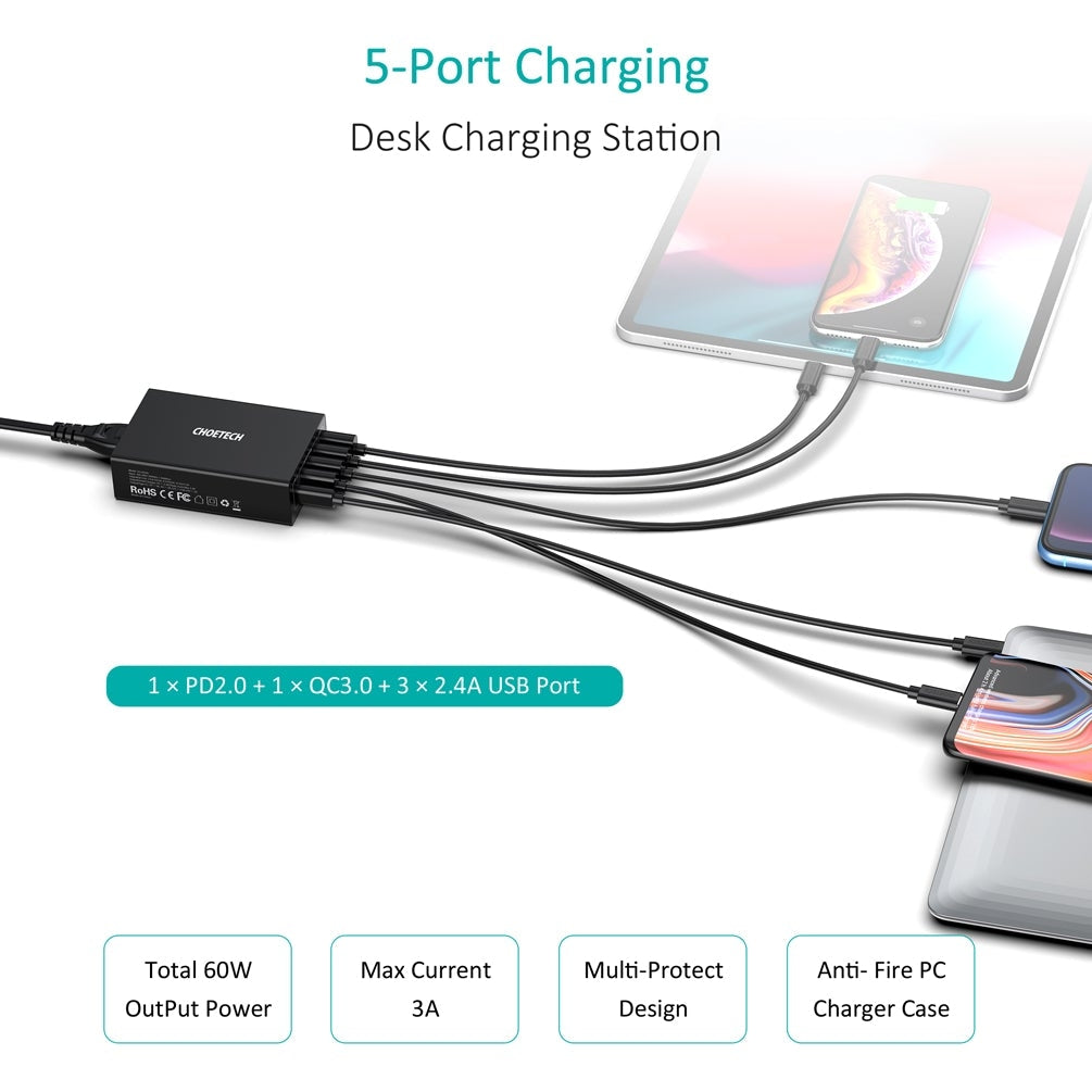 CHOETECH Q34U2Q 5-Port 60W PD Charger with 30W Power Delivery and 18W Quick Charge 3.0 | Auzzi Store
