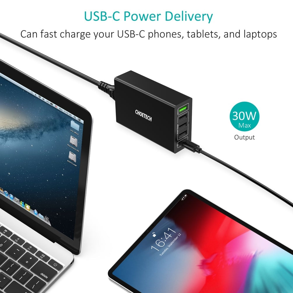 CHOETECH Q34U2Q 5-Port 60W PD Charger with 30W Power Delivery and 18W Quick Charge 3.0 | Auzzi Store