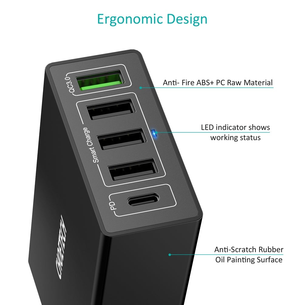 CHOETECH Q34U2Q 5-Port 60W PD Charger with 30W Power Delivery and 18W Quick Charge 3.0 | Auzzi Store