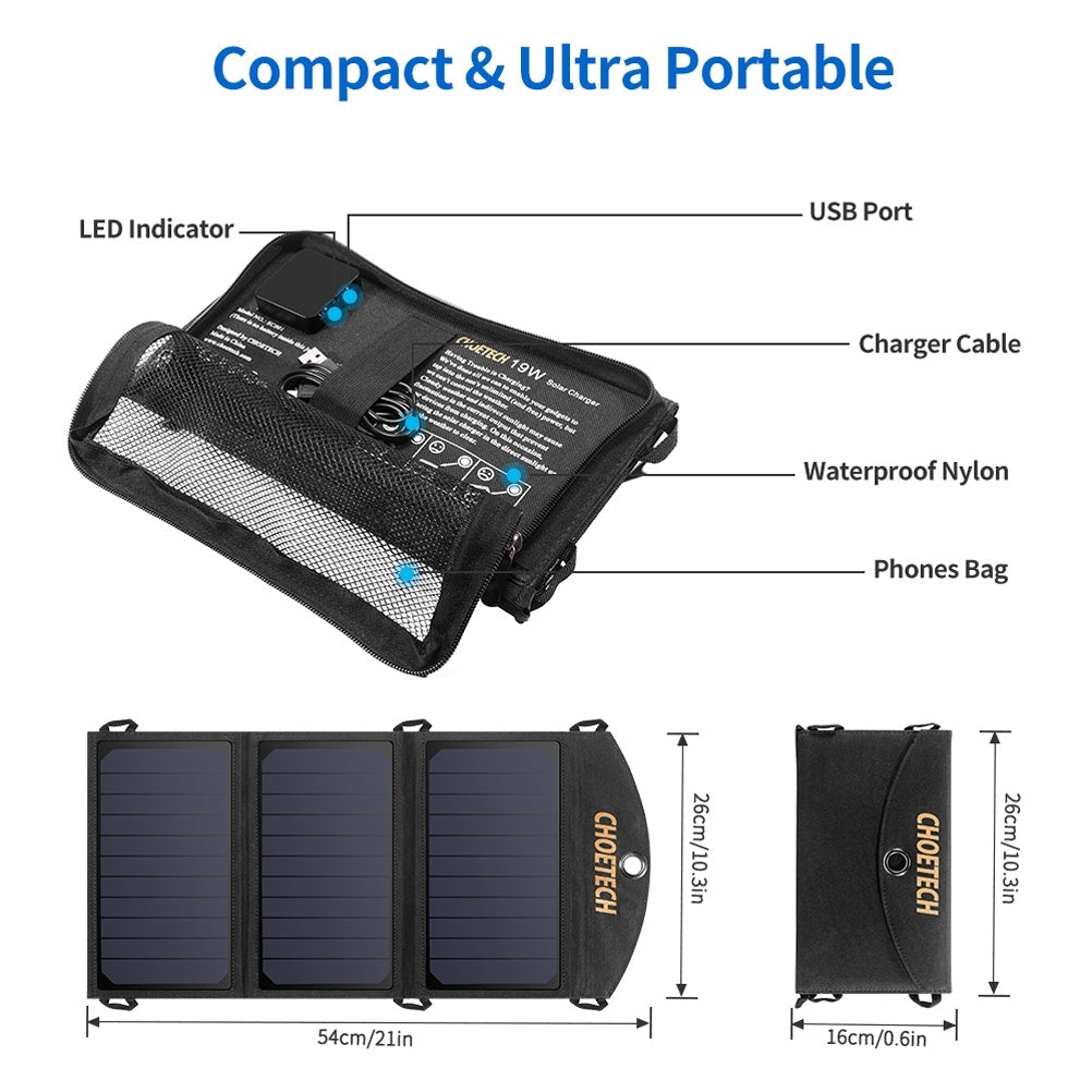 CHOETECH SC001 19W Portable Solar Panel Charger SunPower Panels Dual USB Charger for Camping/RV/Outdoors | Auzzi Store