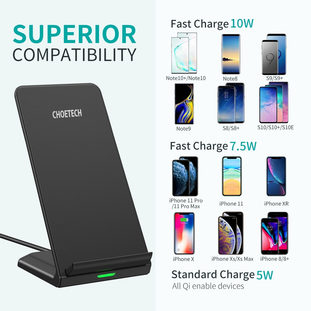 CHOETECH T524S 10W/7.5W Fast Wireless Charging Stand with AC Adapter | Auzzi Store