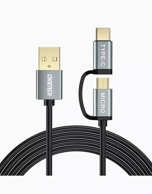CHOETECH XAC-0012-102BK 2-in-1 USB Type C+Micro USB Cable 1.2m Charge & Sync for Samsung Phones | Auzzi Store