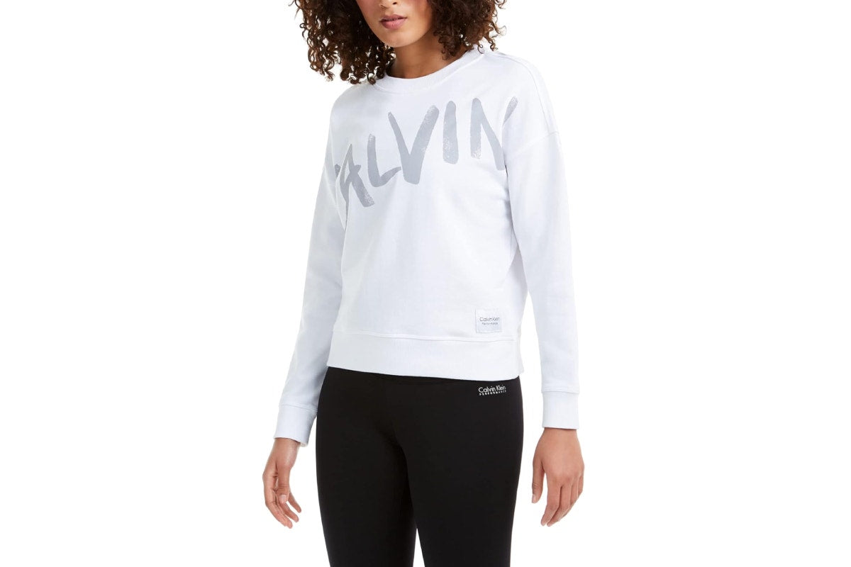 Calvin Klein Women's Performance Brushed Logo Sweatshirt (White, Size S)