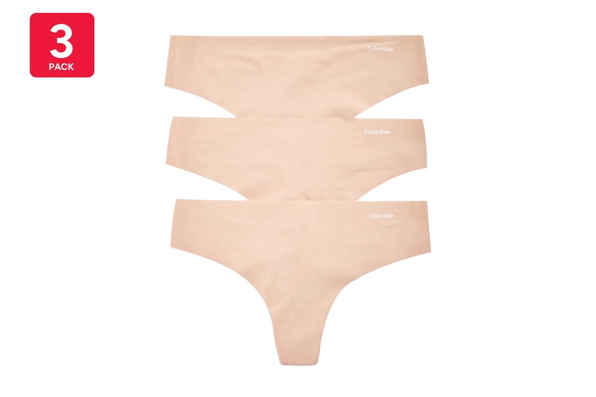 Calvin Klein Women's Invisibles Thong 3 Pack (Light Caramel, Size XL)