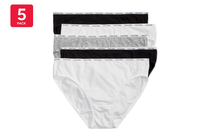 Calvin Klein Women's Cotton Stretch Bikini 5 Pack (White/2 Black/2 Grey, Size L)