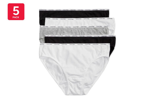 Calvin Klein Women's Cotton Stretch Bikini 5 Pack (White/2 Black/2 Grey, Size L)