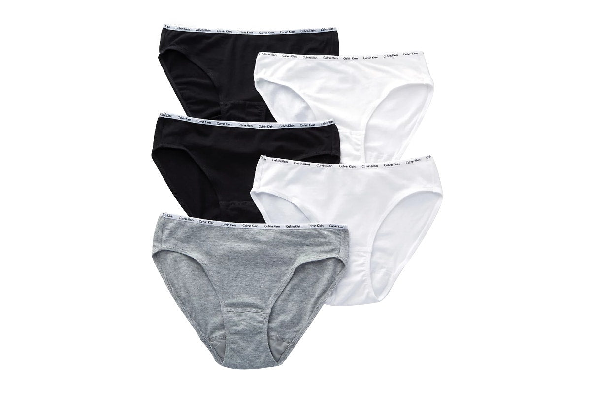 Calvin Klein Women's Cotton Stretch Bikini 5 Pack (White/2 Black/2 Grey, Size L)