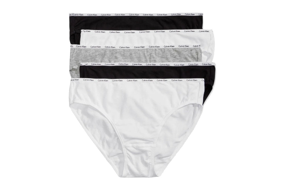 Calvin Klein Women's Cotton Stretch Bikini 5 Pack (White/2 Black/2 Grey, Size L)