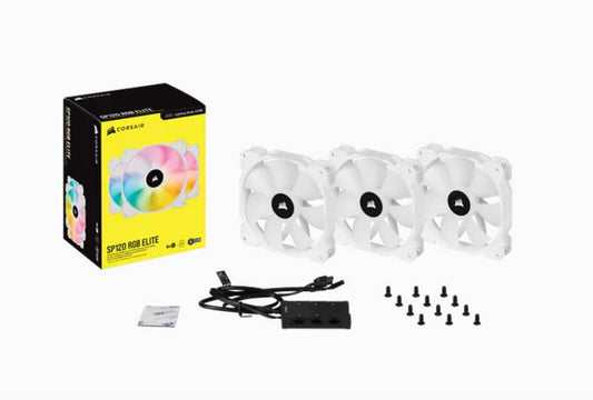 CORSAIR White SP120 RGB ELITE, 120mm RGB LED PWM Fan with AirGuide, Triple Pack with Lighting Node CORE | Auzzi Store