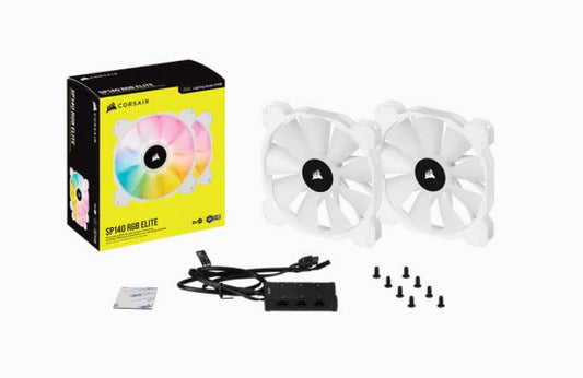 CORSAIR White SP140 RGB ELITE, 140mm RGB LED Fan with AirGuide, 68 CFM, Dual Pack with Lighting Node CORE | Auzzi Store