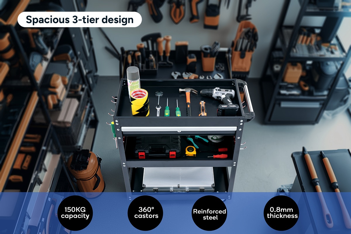 Certa 3-Tier Steel Tool Trolley