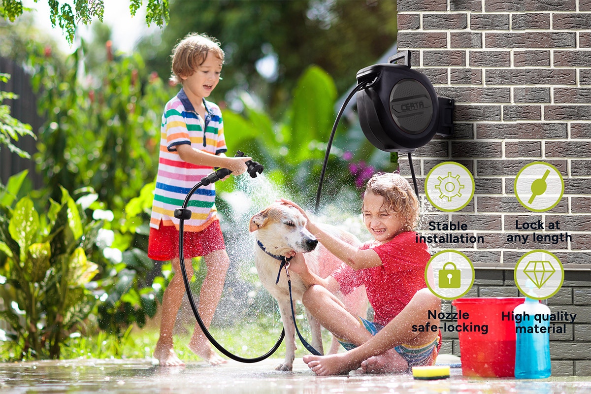 Certa 30m Retractable Garden Hose Reel with Spray Nozzle (Black)