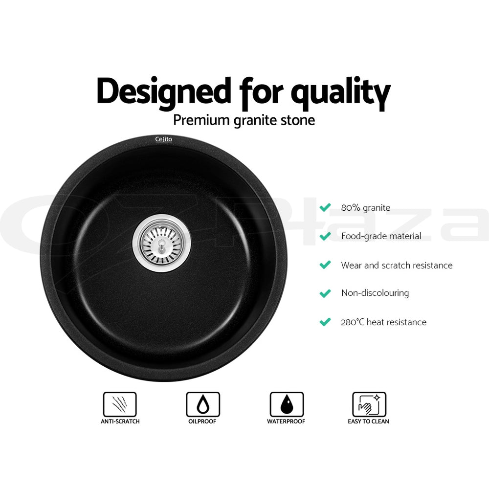 Cefito Stone Kitchen Sink Round 430MM Granite Under/Topmount Basin Bowl Laundry Black | Auzzi Store
